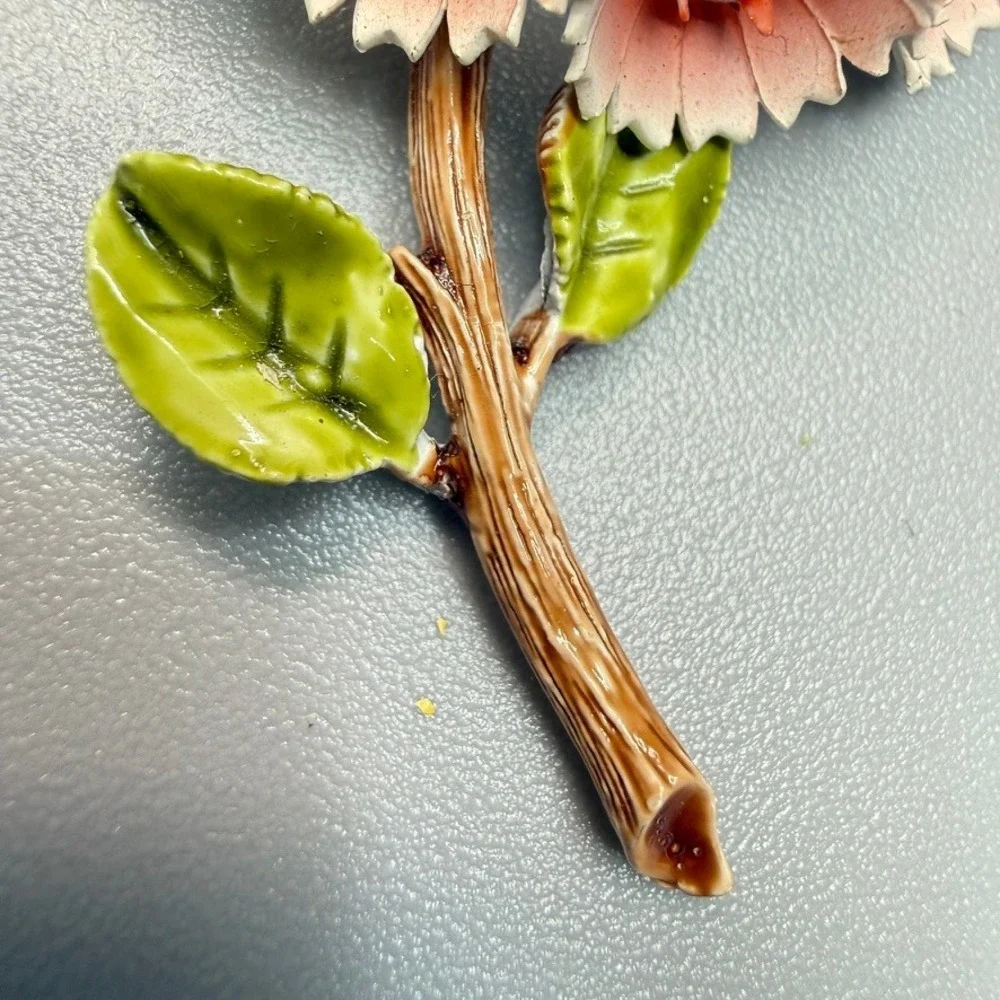 Vintage Corocraft Enamel Flower Brooch‎ Coral Color Rhinestones Spring Summer